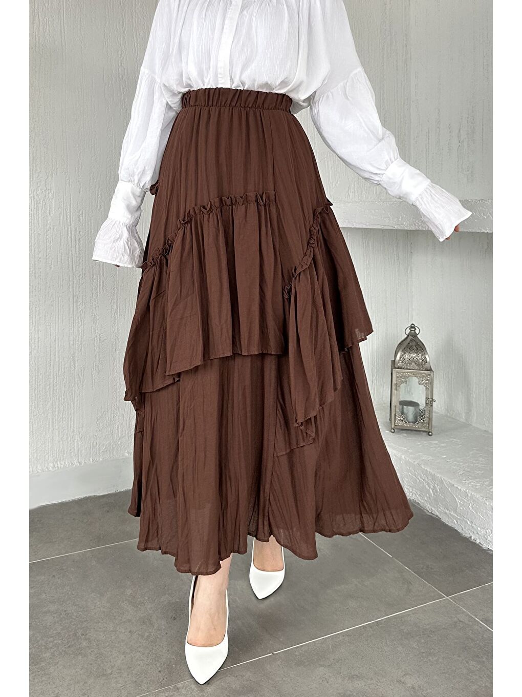 Kahverengi Bel Lastikli İç Astarlı Vual Tesettür Etek-3