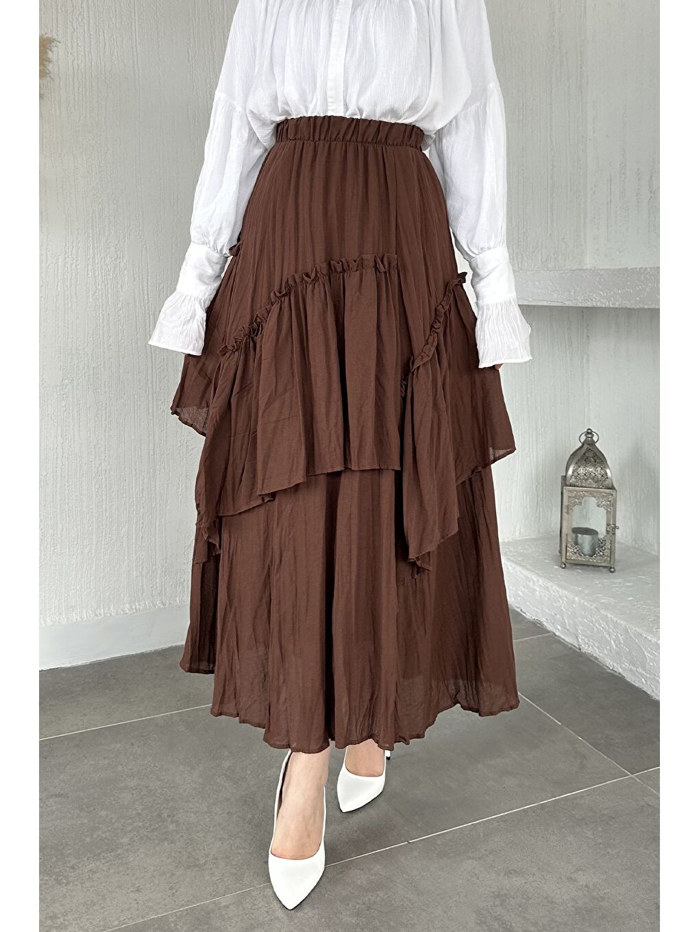 Kahverengi Bel Lastikli İç Astarlı Vual Tesettür Etek-5