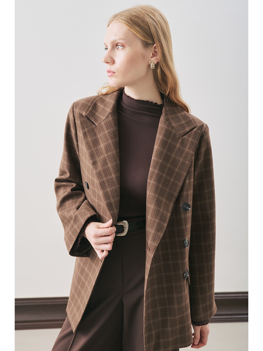 Kruvaze Ekose Blazer Ceket Kahverengi-4