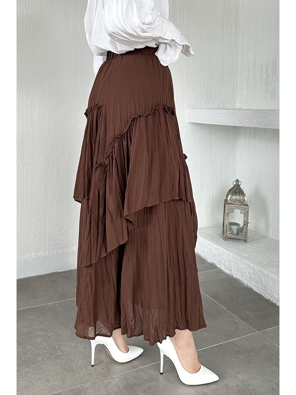 Kahverengi Bel Lastikli İç Astarlı Vual Tesettür Etek-7