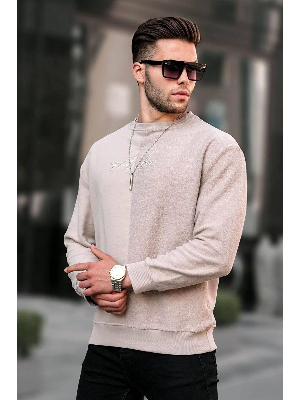 Bej Basic Erkek Sweatshirt 6010