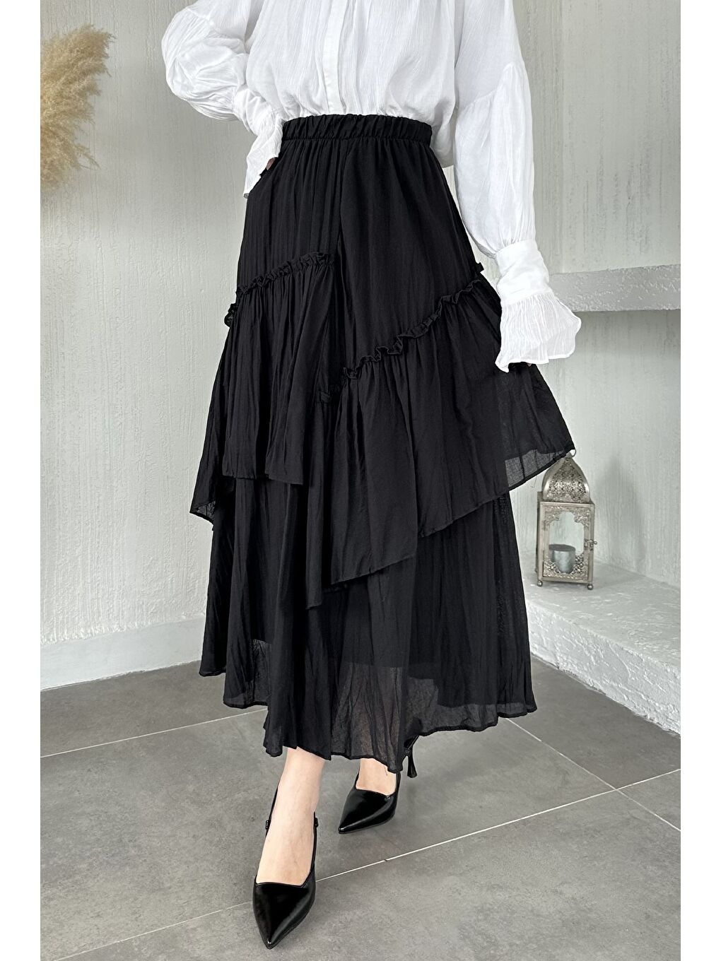 Siyah Bel Lastikli İç Astarlı Vual Tesettür Etek-4