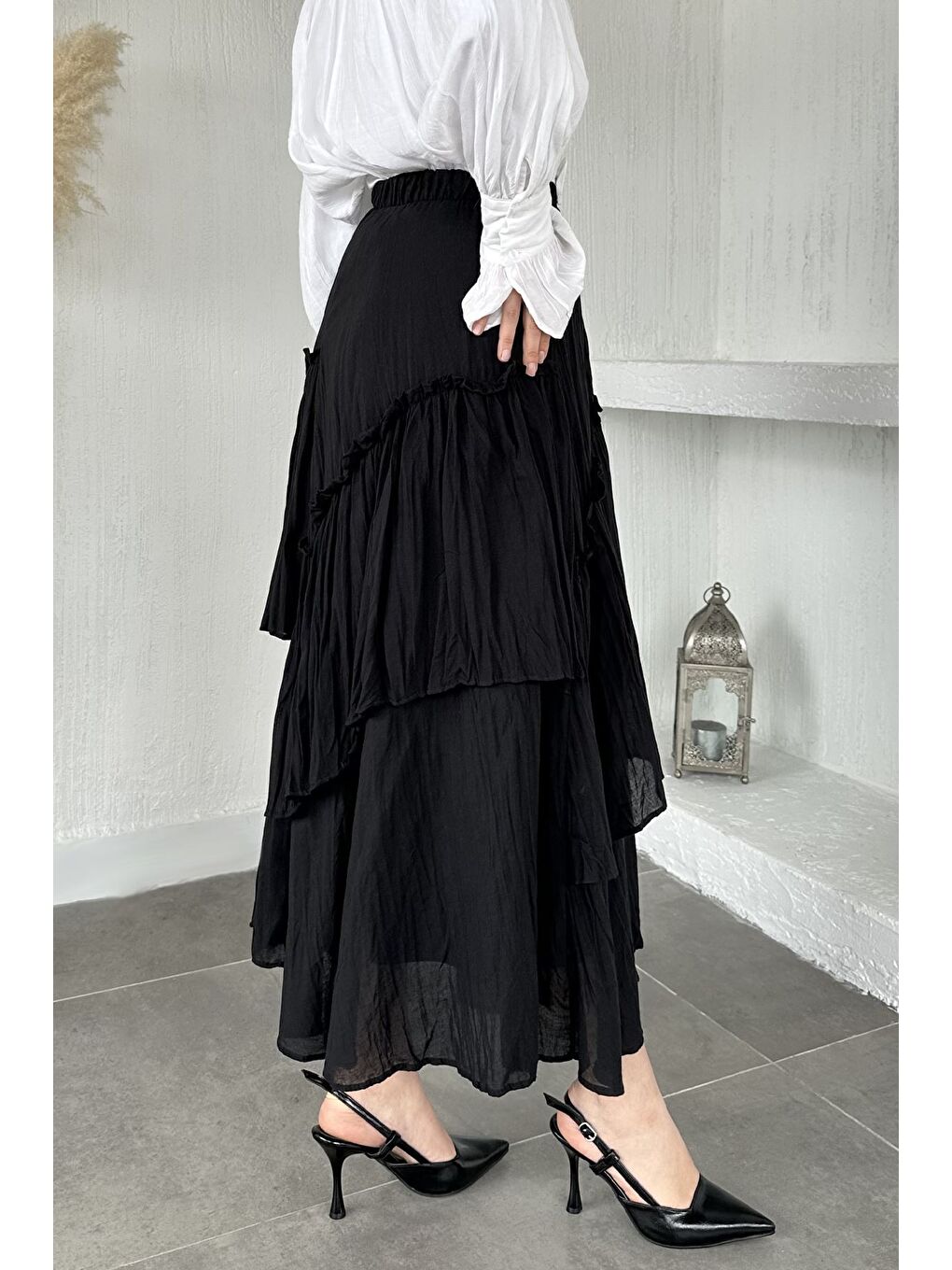 Siyah Bel Lastikli İç Astarlı Vual Tesettür Etek-7