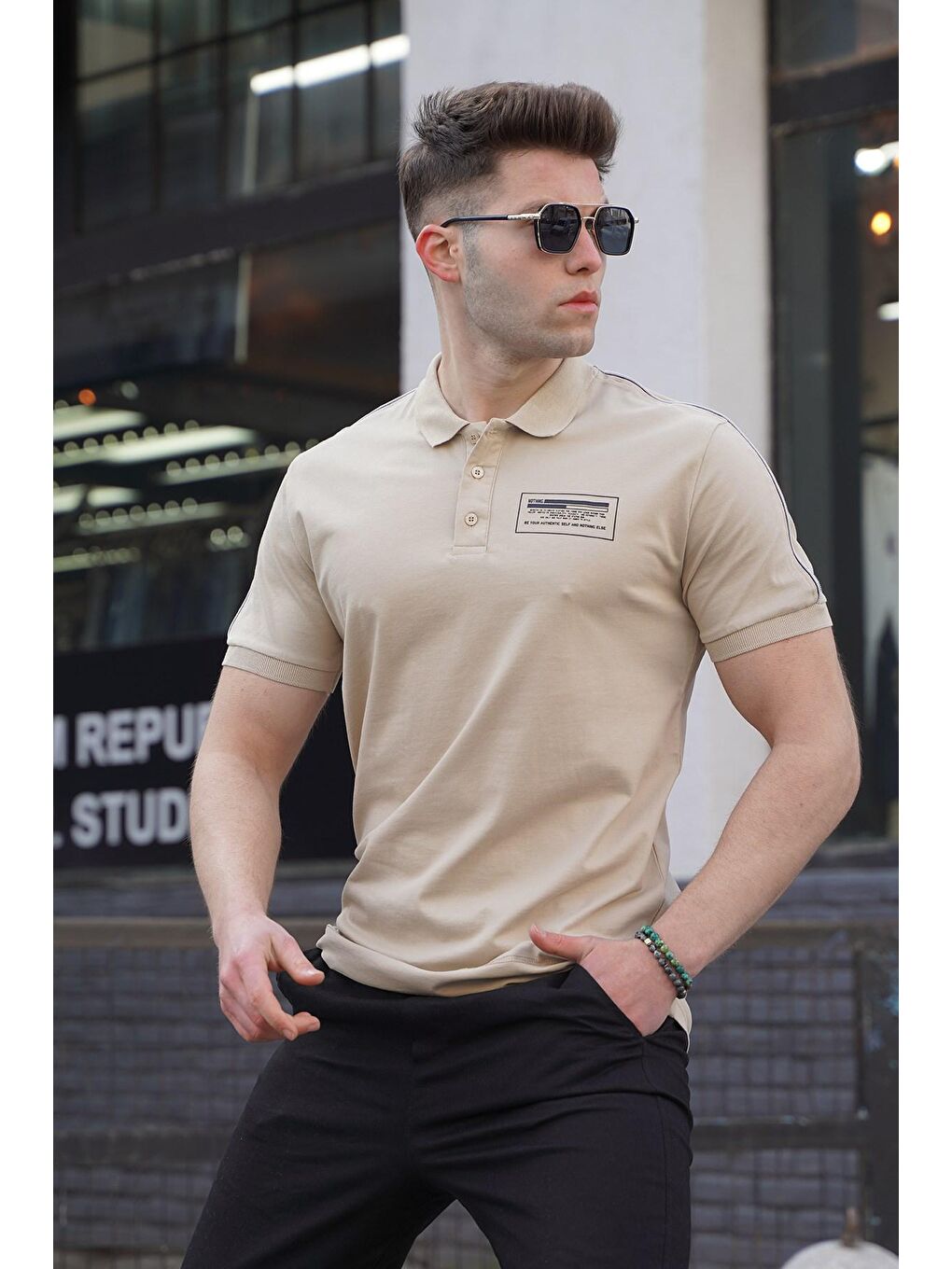 Bej Polo Yaka Erkek Tişört-1