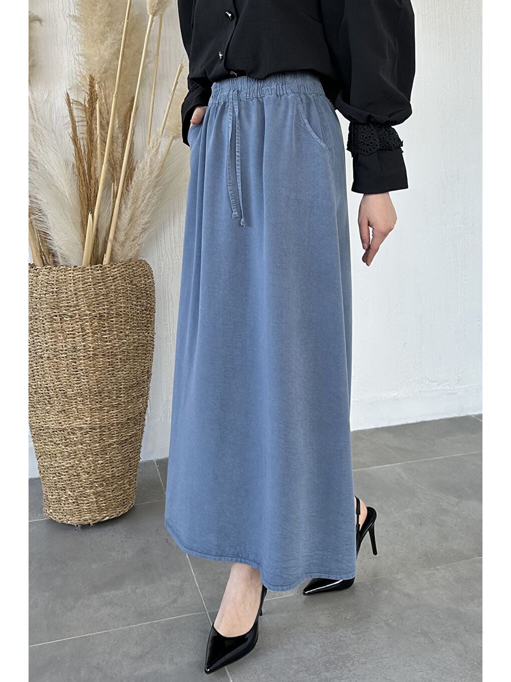 İndigo Bel Lastikli Kumaş Tesettür Etek-1