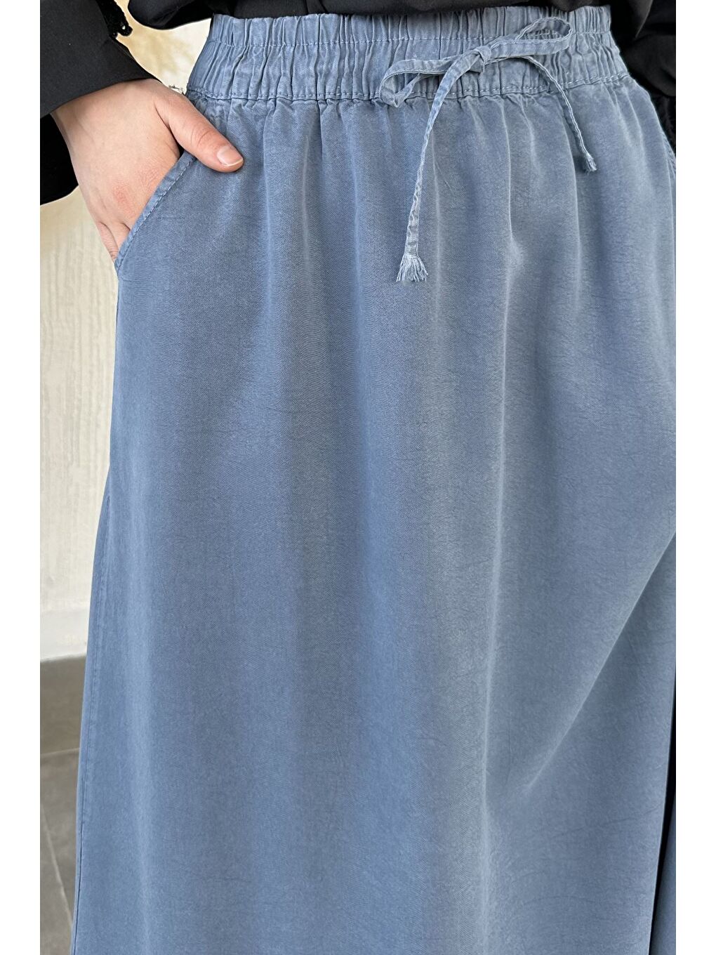 İndigo Bel Lastikli Kumaş Tesettür Etek-3