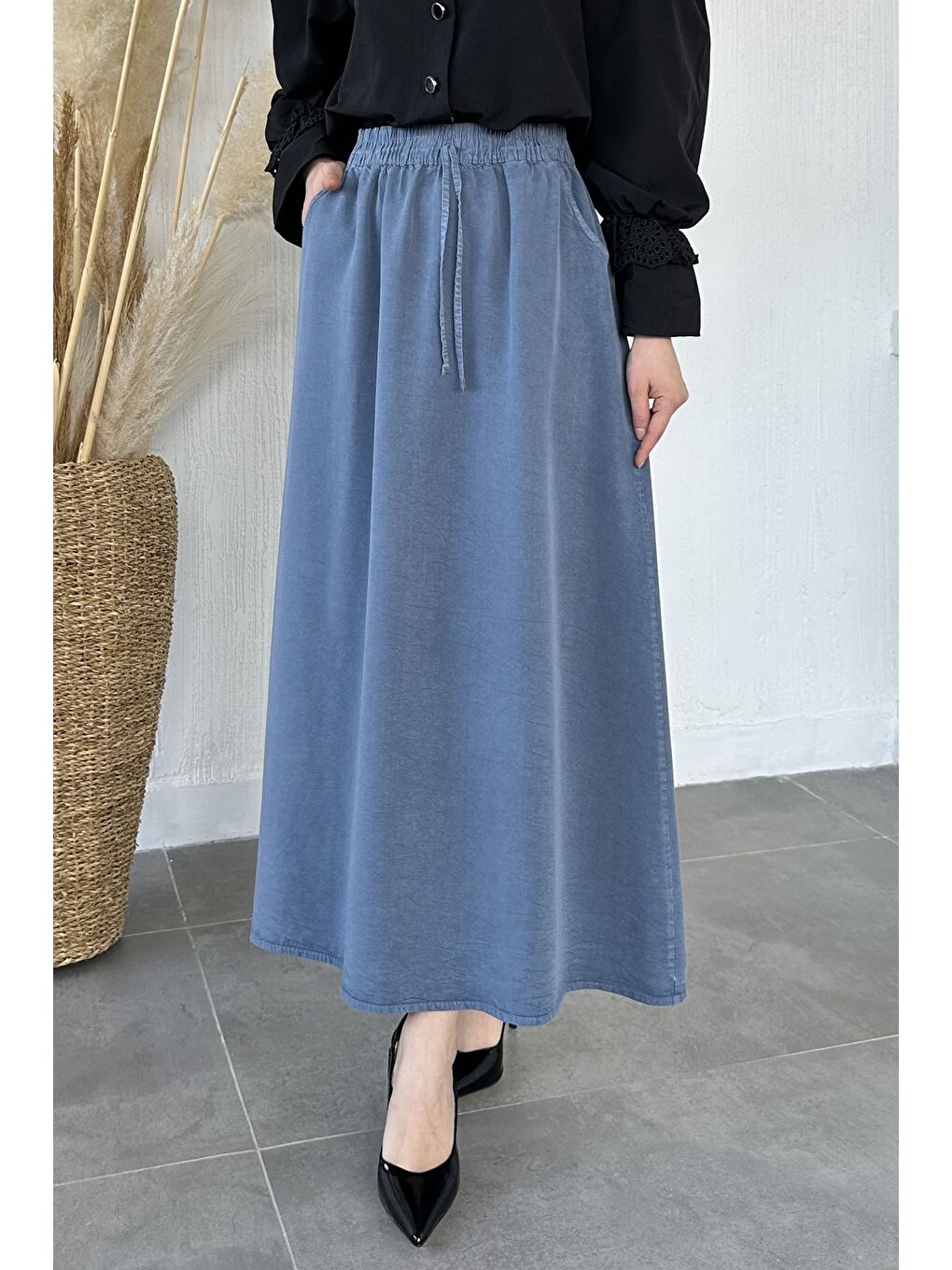 İndigo Bel Lastikli Kumaş Tesettür Etek-5