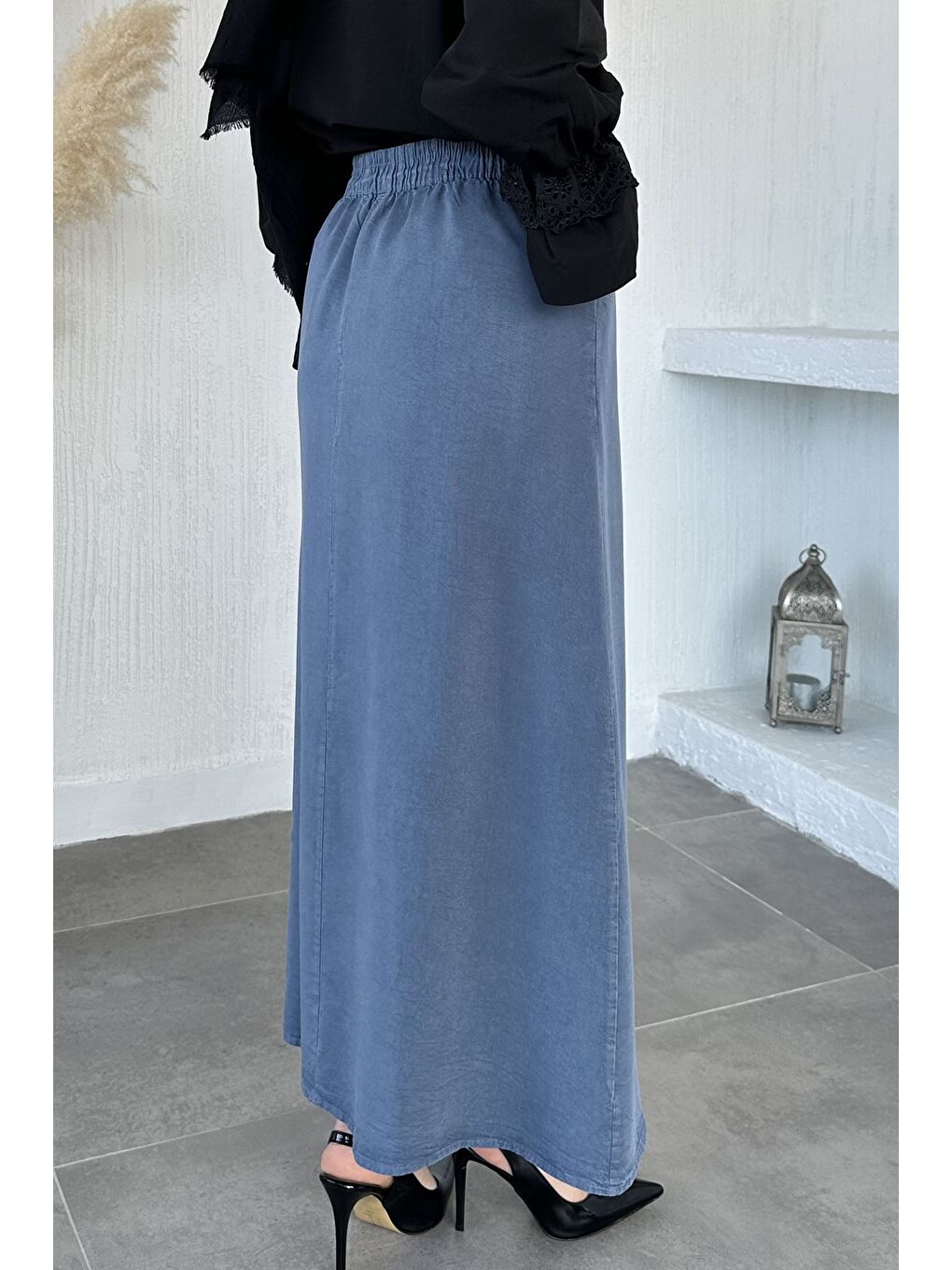 İndigo Bel Lastikli Kumaş Tesettür Etek-7