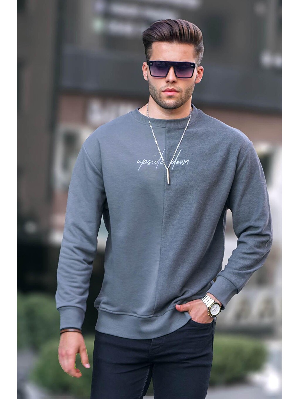 Gri Füme Basic Erkek Sweatshirt 6010
