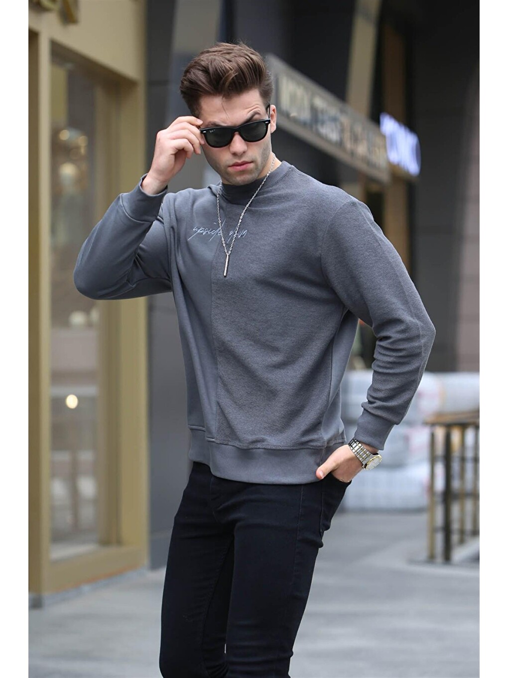 Gri Füme Basic Erkek Sweatshirt 6010-2