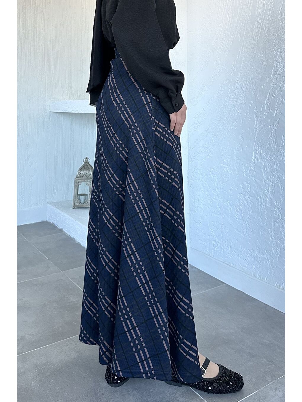 Lacivert Bel Lastikli Ekose Desenli Tesettür Kiloş Etek-6