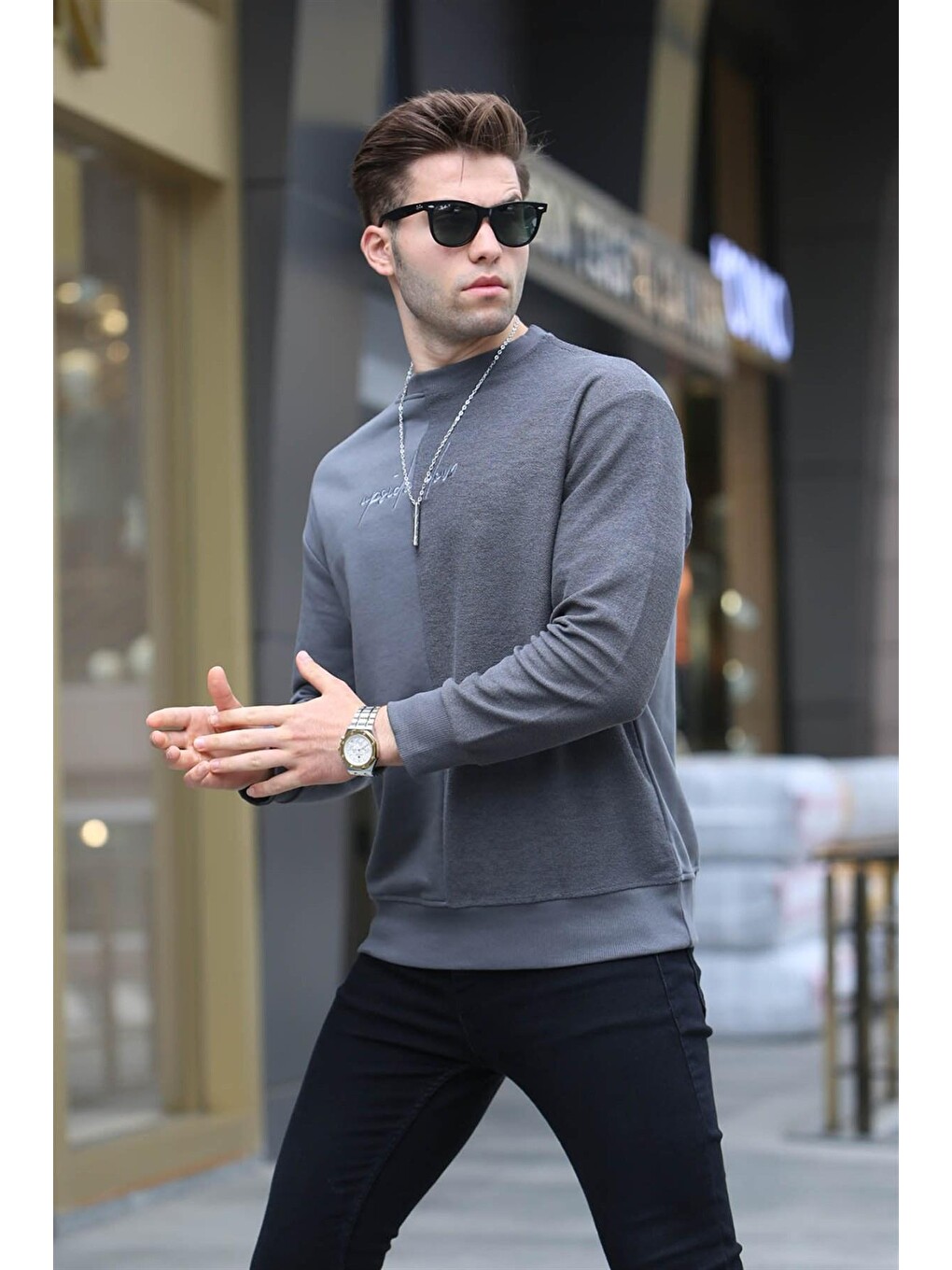 Gri Füme Basic Erkek Sweatshirt 6010-3