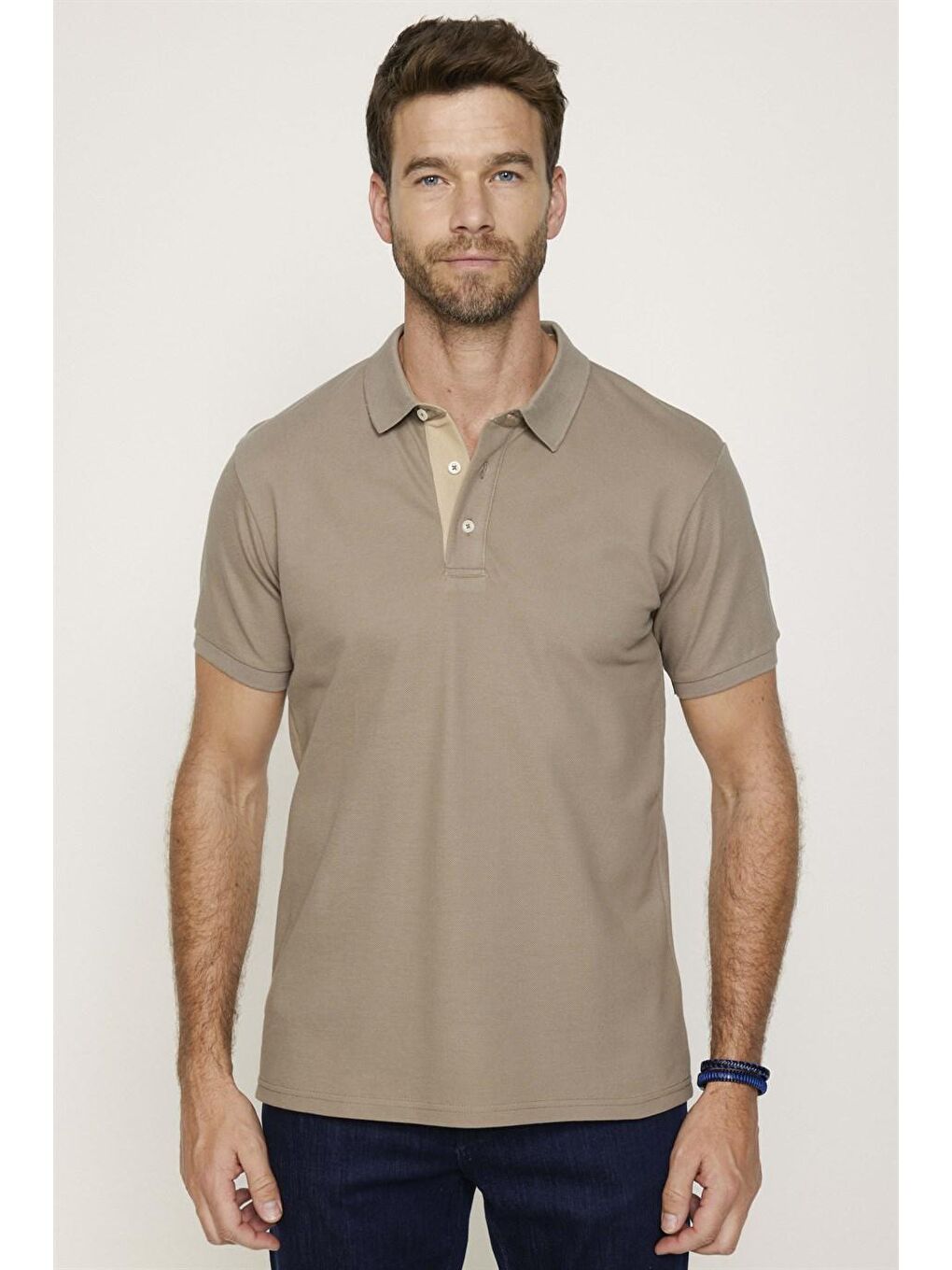 Erkek Polo Yaka Slim Fit Düz Pamuk Pike Bej Tişört