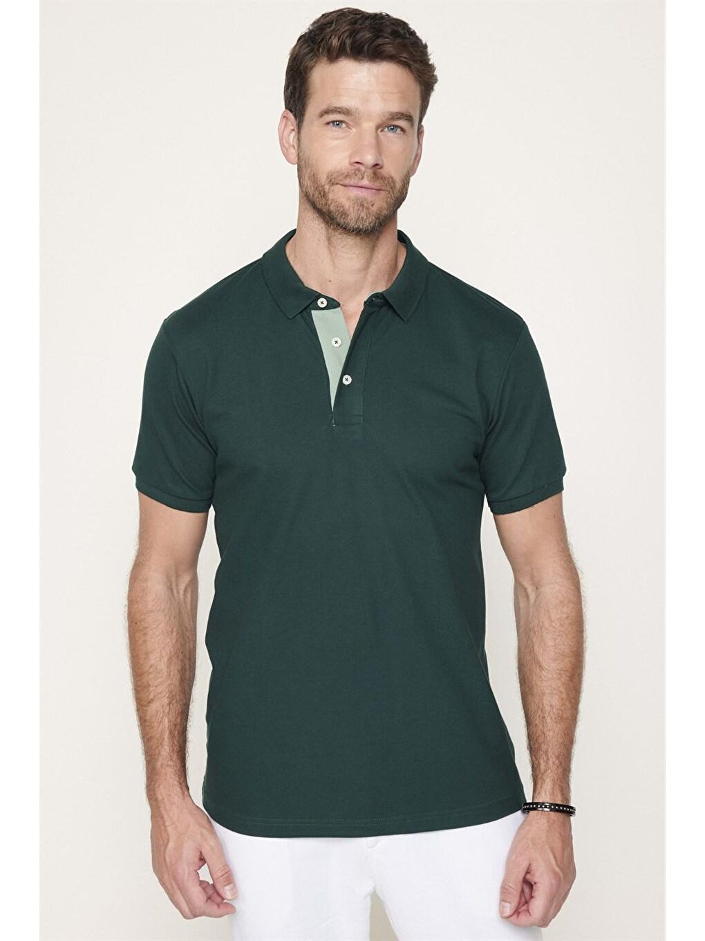 Yeşil Erkek Polo Yaka Slim Fit Düz Pamuk Pike Tişört