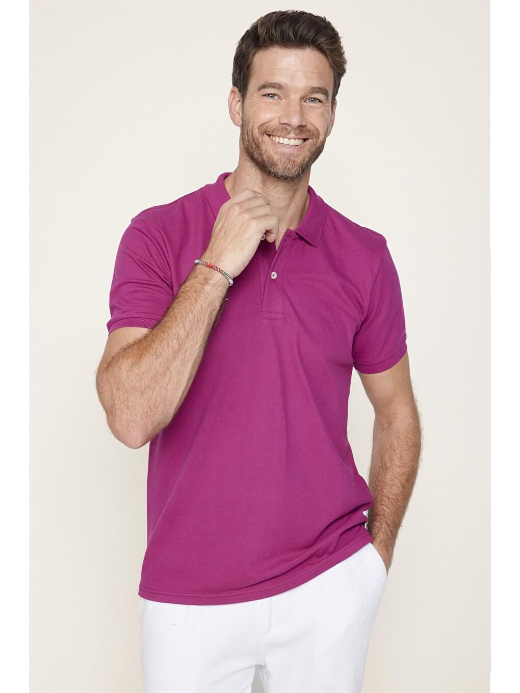 Erkek Slim Fit Dar Kesim %100 Pamuk Düz Pike Mor Polo Yaka Tişört