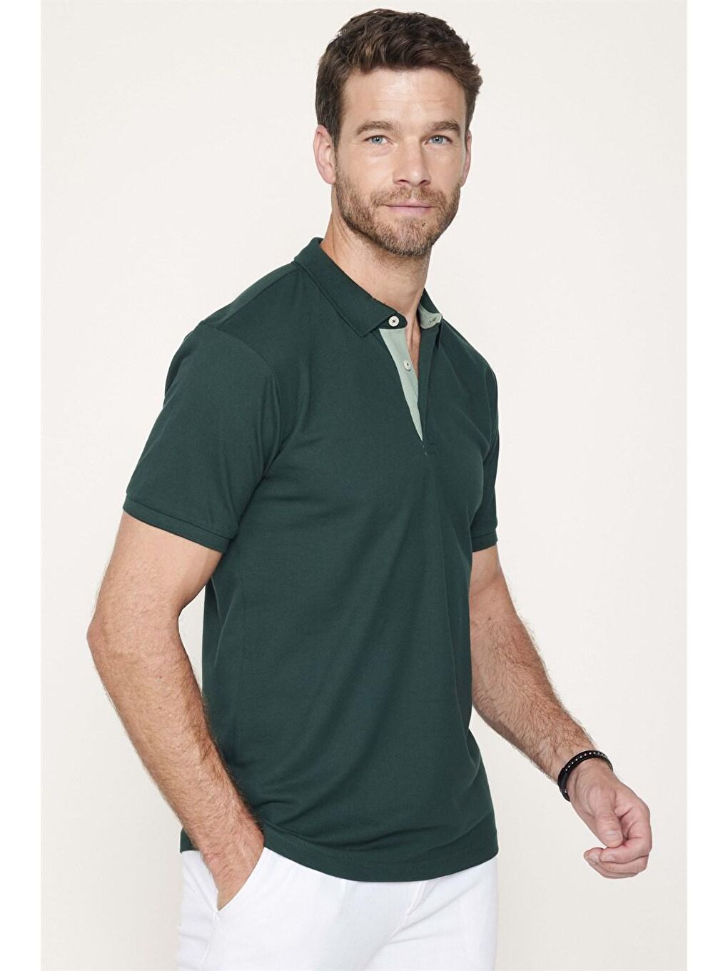 Yeşil Erkek Polo Yaka Slim Fit Düz Pamuk Pike Tişört-1