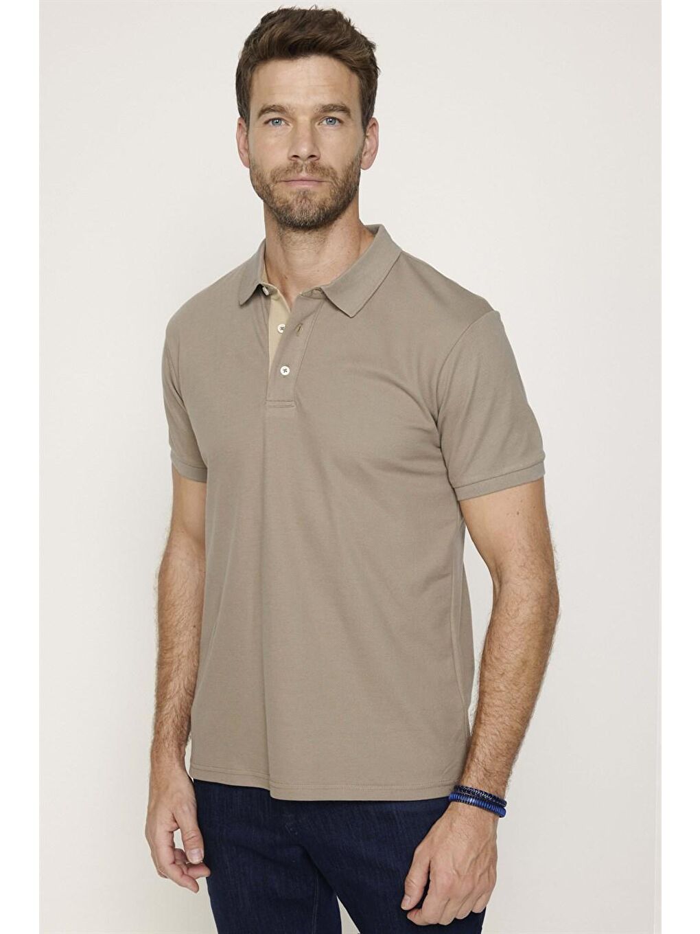Erkek Polo Yaka Slim Fit Düz Pamuk Pike Bej Tişört-1