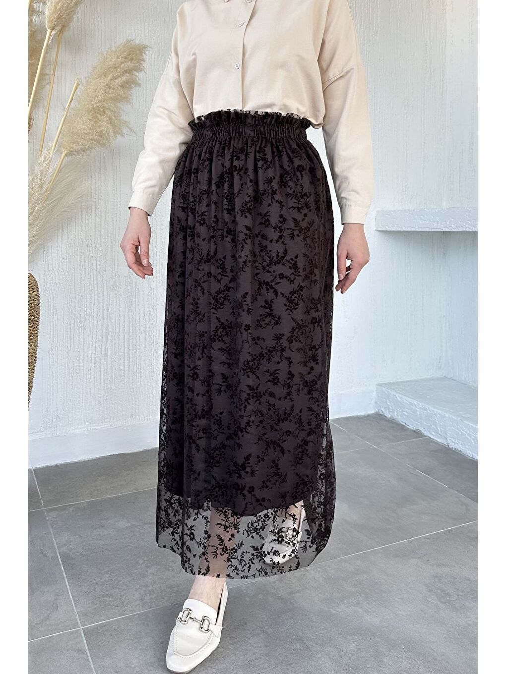 Kahverengi Flok Baskılı Astarlı Tesettür Etek (38-40-42-44 Uyumldur)-1