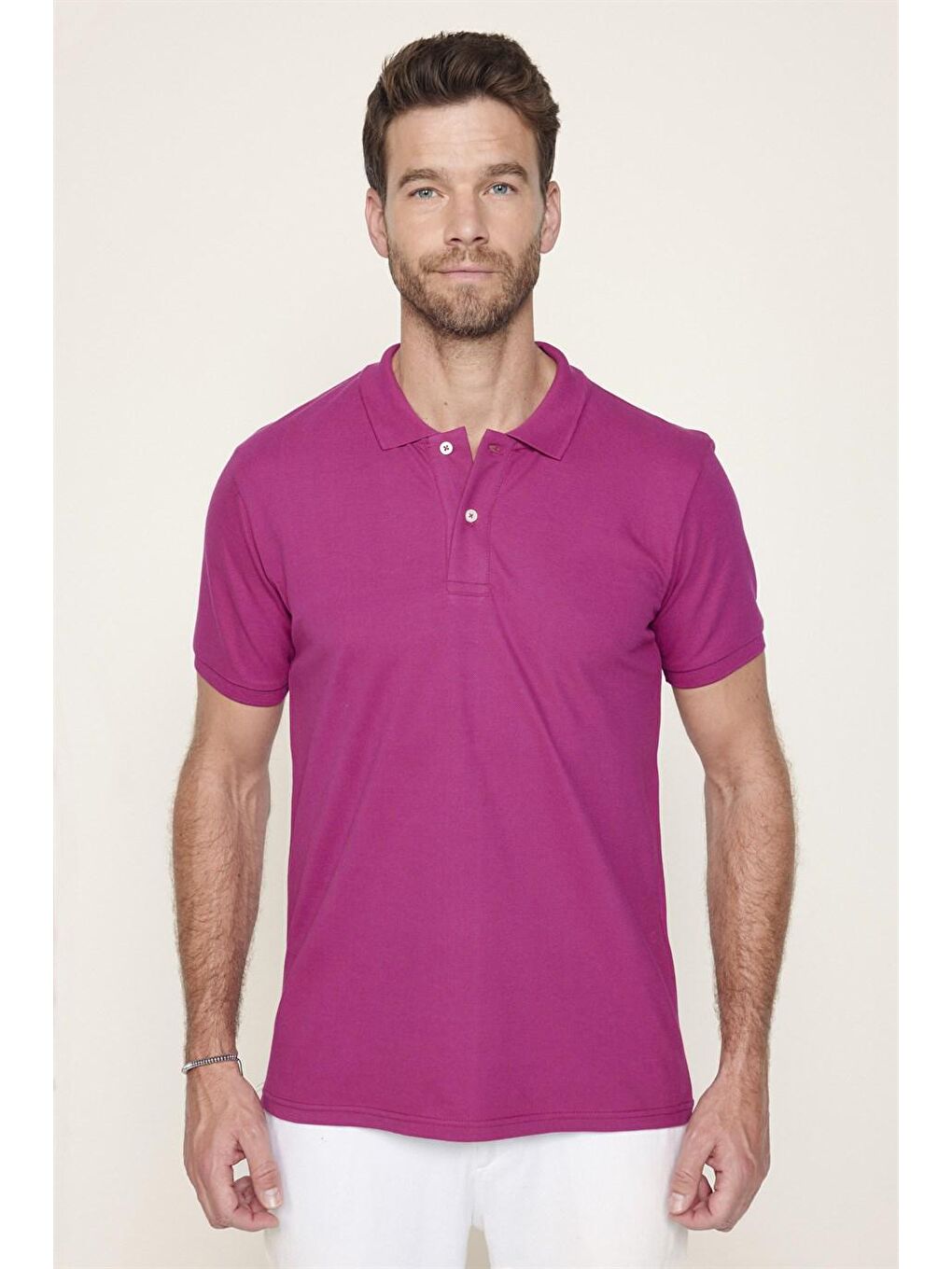 Erkek Slim Fit Dar Kesim %100 Pamuk Düz Pike Mor Polo Yaka Tişört-1