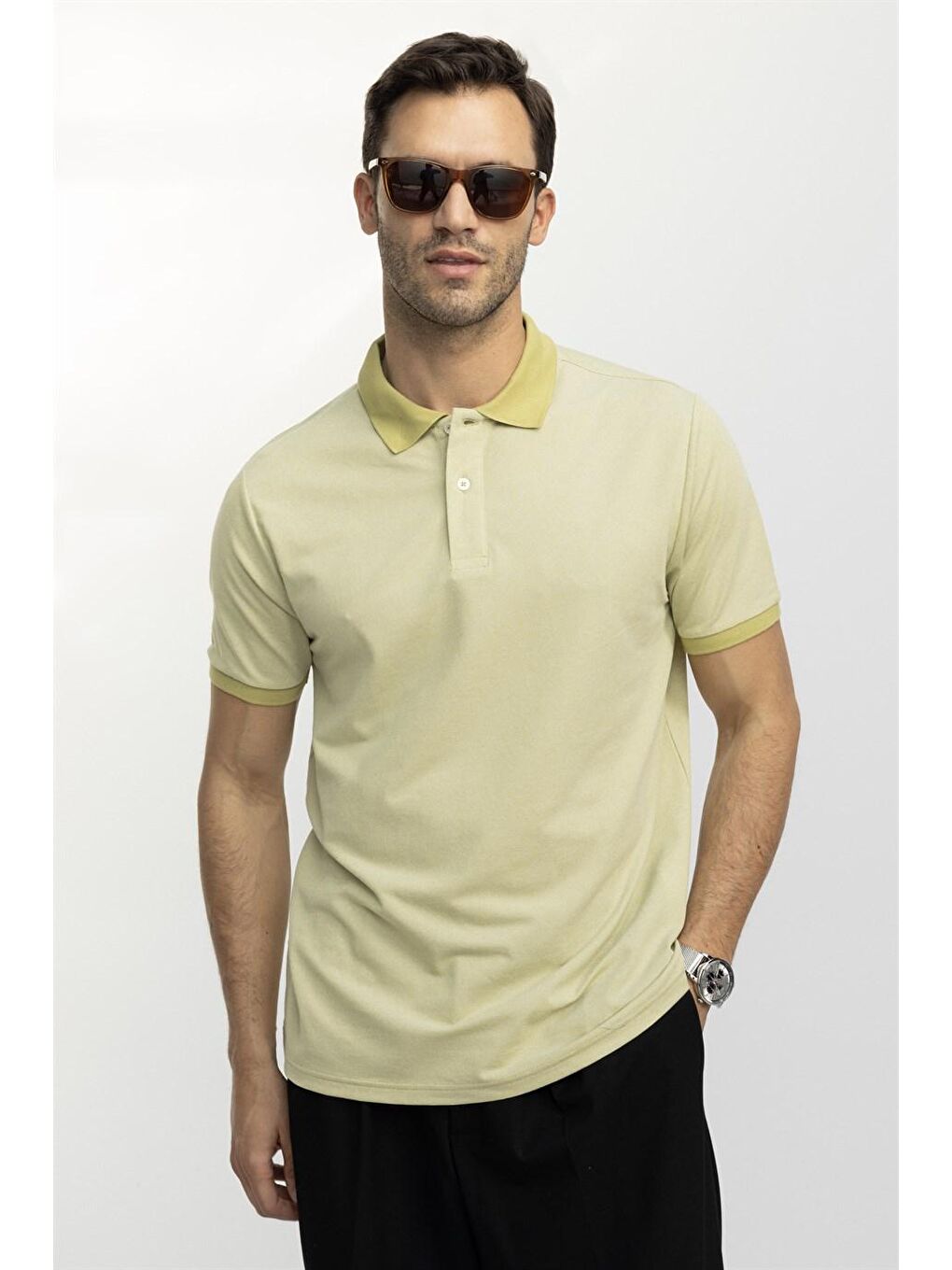 Erkek Polo Yaka Klasik Fit Düz Pamuklu Pike  Yeşil Tişört-1