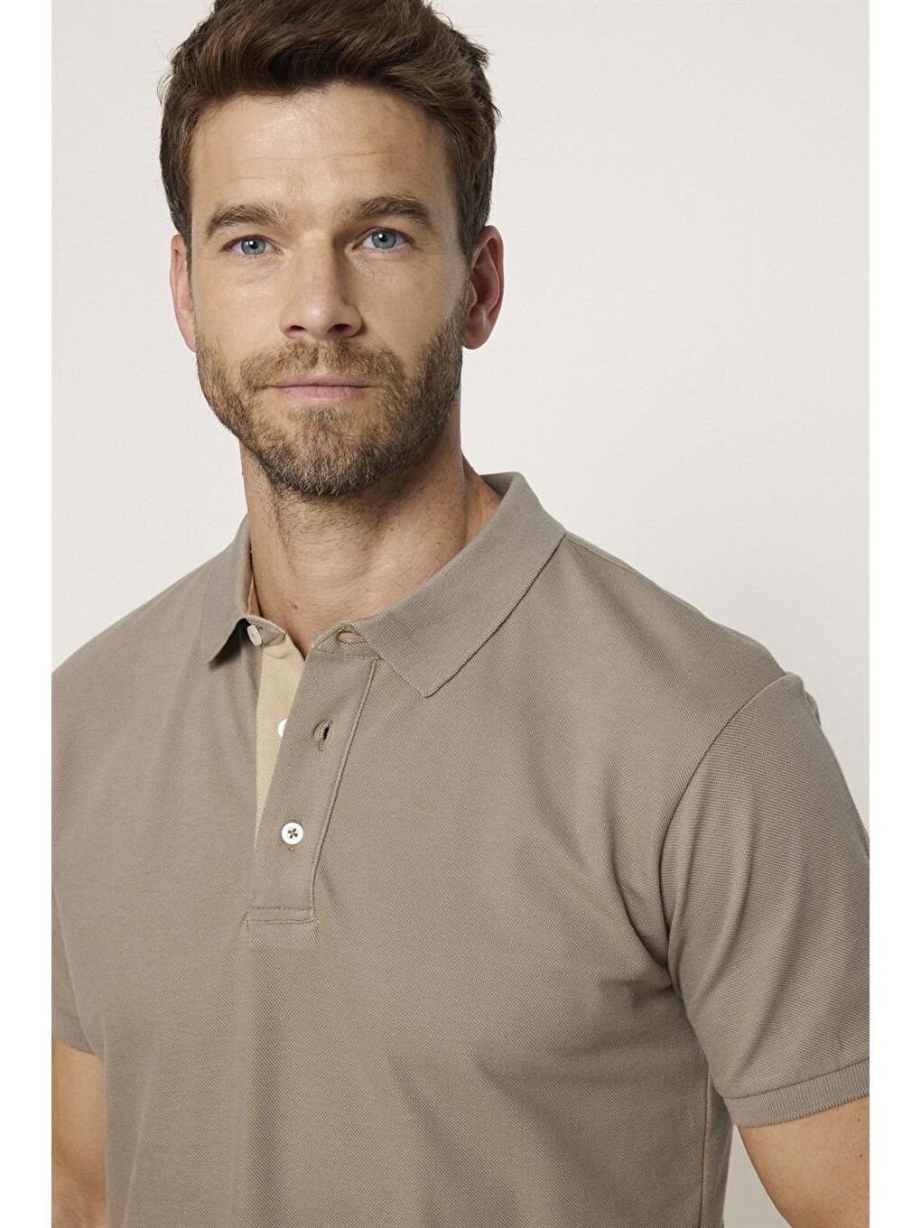 Erkek Polo Yaka Slim Fit Düz Pamuk Pike Bej Tişört-2