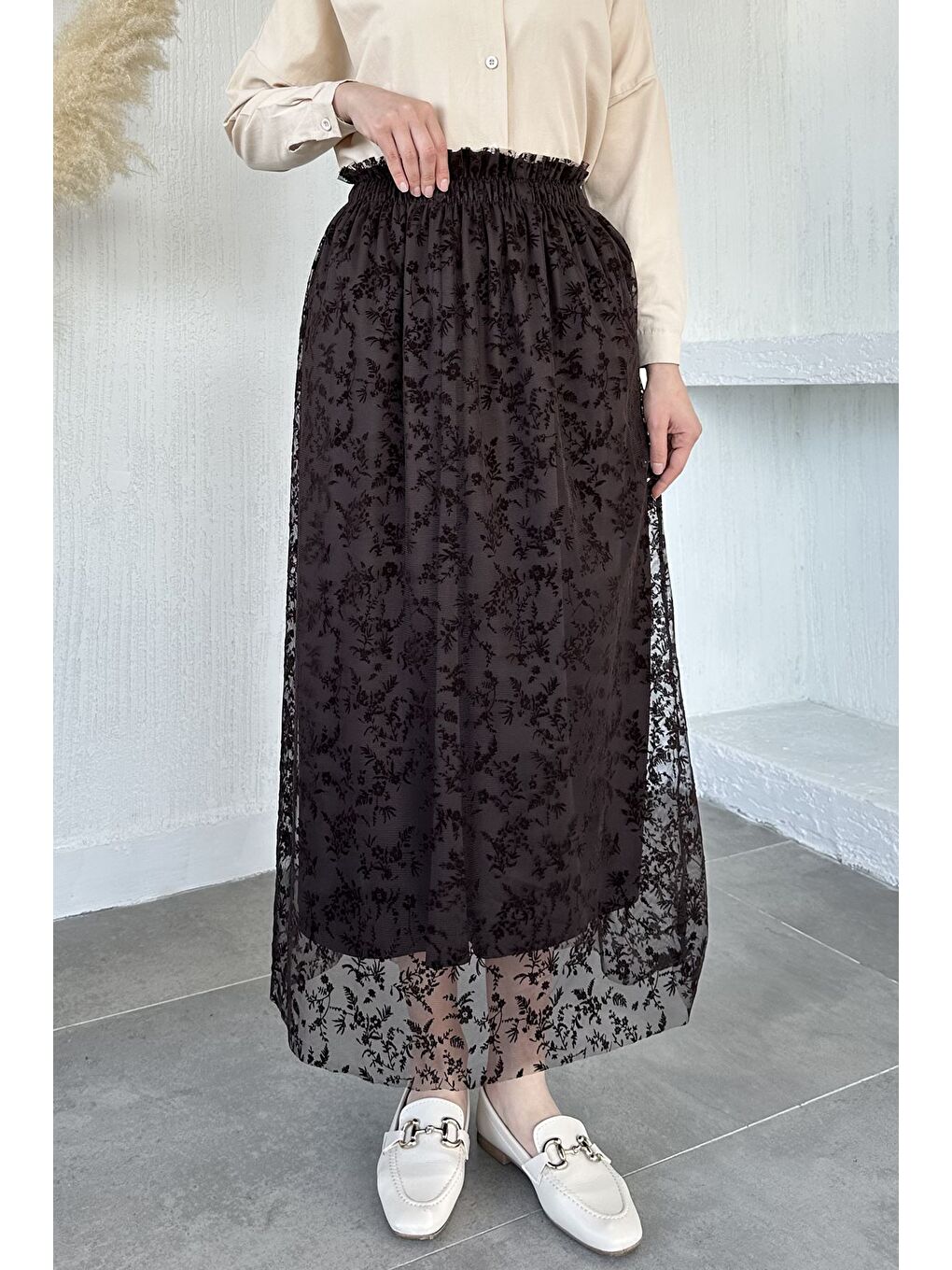 Kahverengi Flok Baskılı Astarlı Tesettür Etek (38-40-42-44 Uyumldur)-3