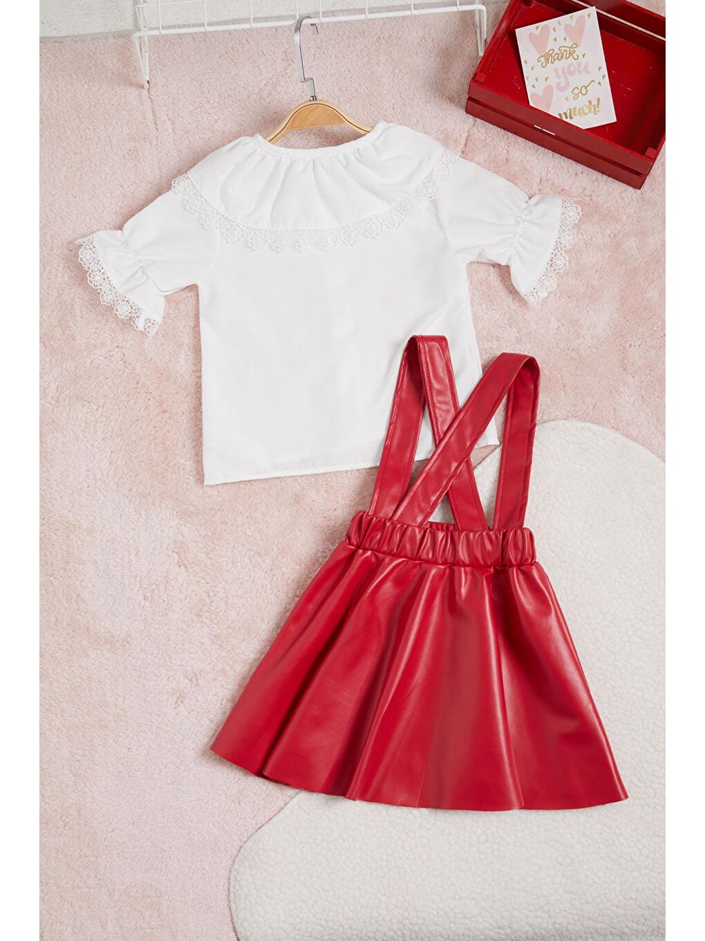 Kırmızı Deri Etekli Bluzlu Kız Çocuk Salopet Takım 15560-4