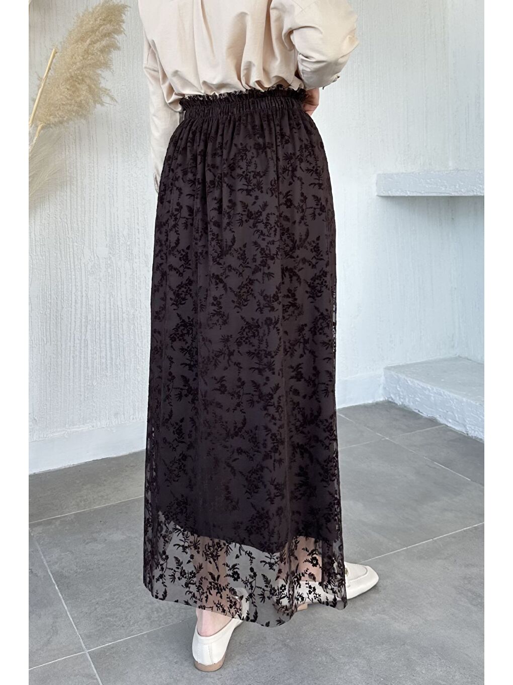 Kahverengi Flok Baskılı Astarlı Tesettür Etek (38-40-42-44 Uyumldur)-5