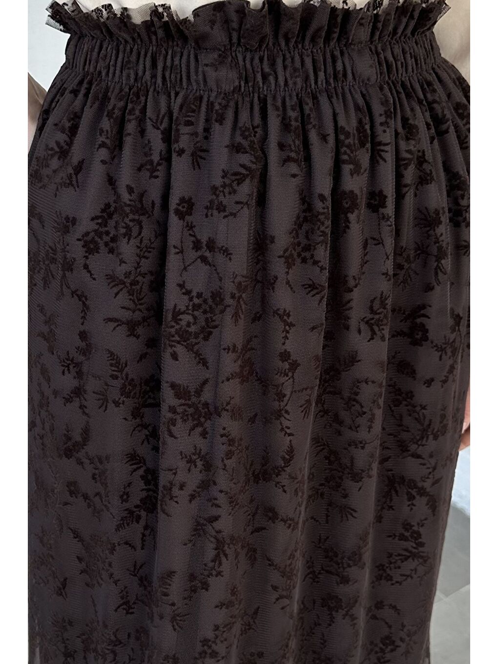 Kahverengi Flok Baskılı Astarlı Tesettür Etek (38-40-42-44 Uyumldur)-6