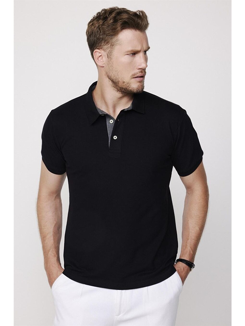 Erkek Polo Yaka Slim Fit Düz Pamuk Pike Siyah Tişört-1