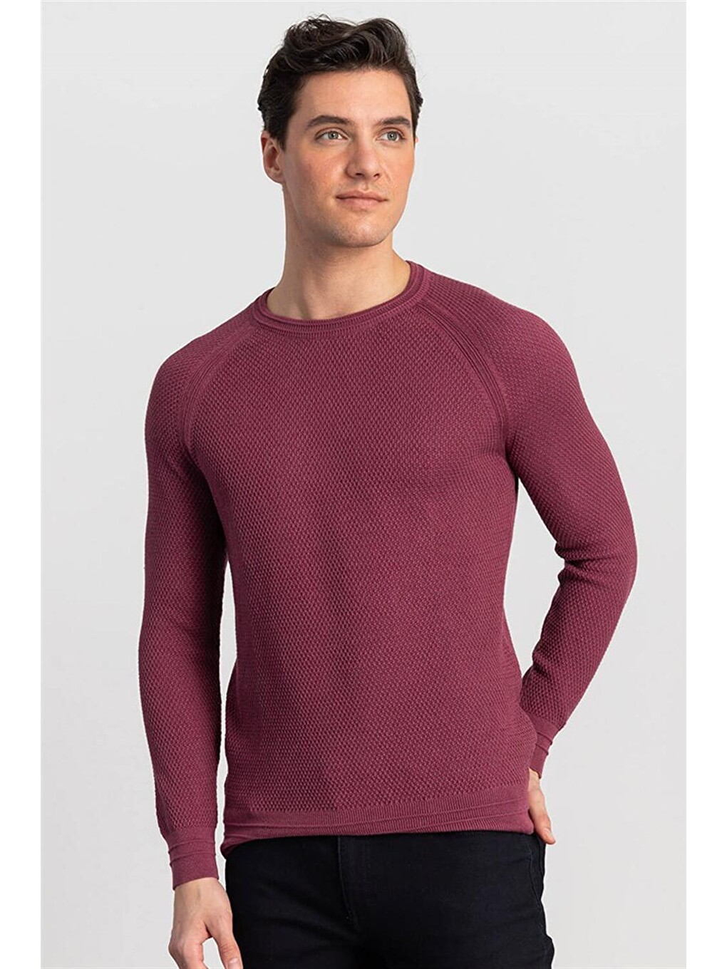 Slim Fit Bisiklet Yaka Kendinden Desenli Erkek Bordo Kazak