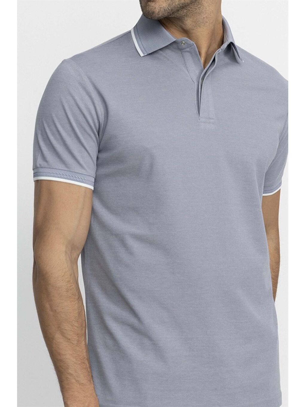 Gri Erkek Polo Yaka Klasik Fit Gizli Düğme Pamuklu Tişört-2