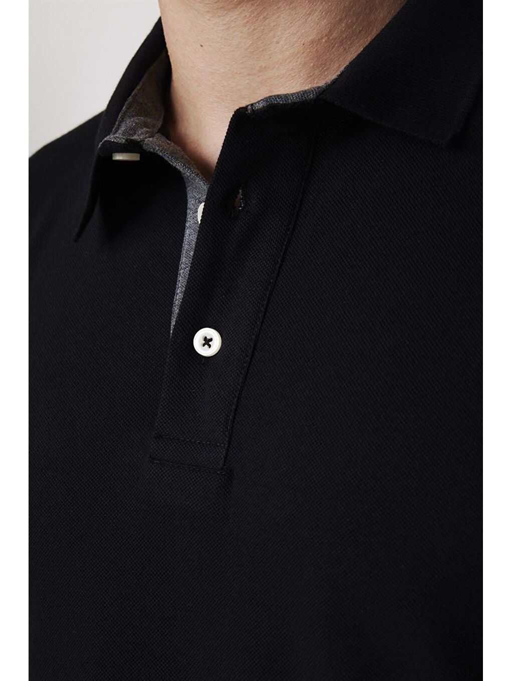 Erkek Polo Yaka Slim Fit Düz Pamuk Pike Siyah Tişört-3