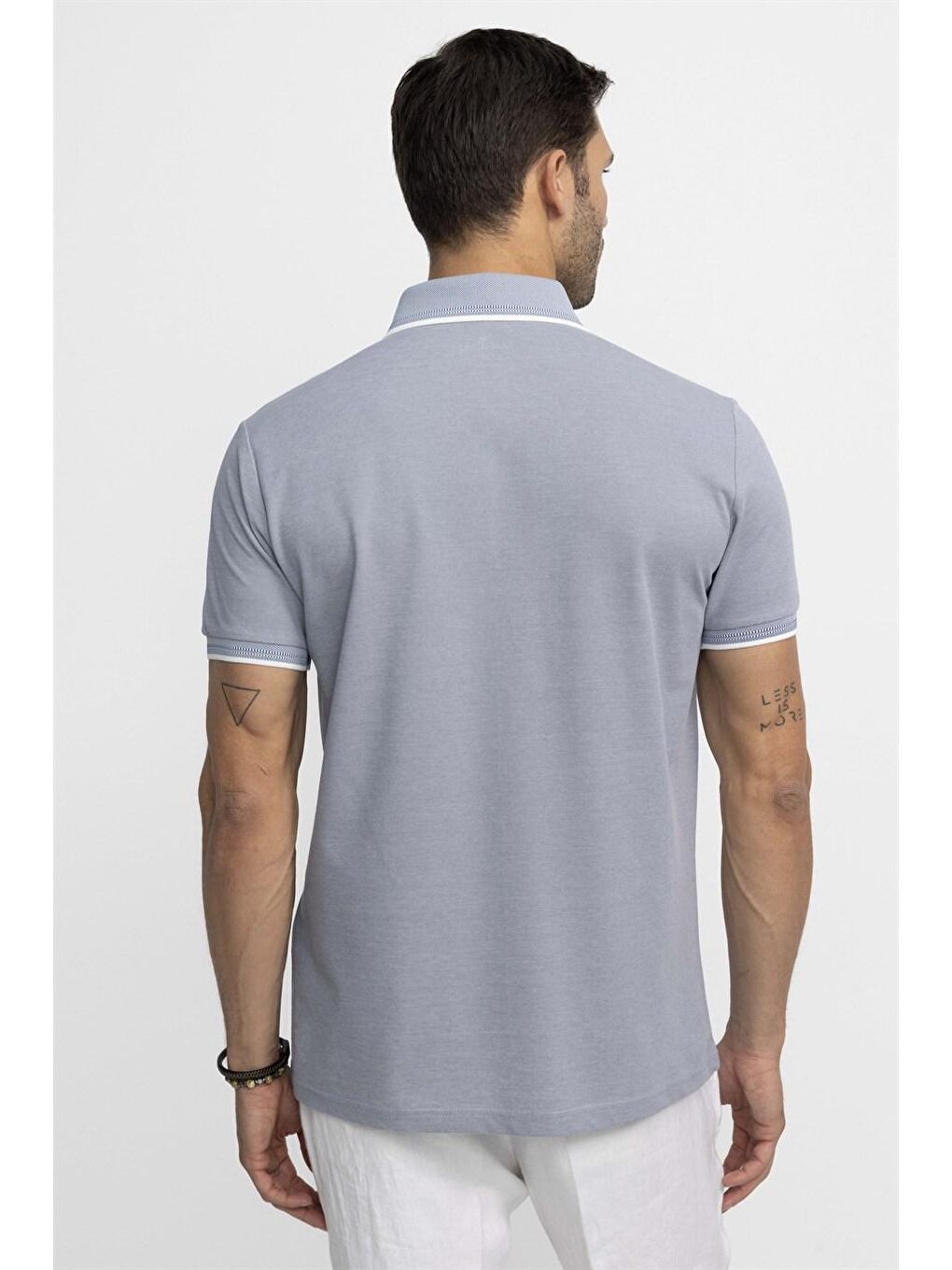 Gri Erkek Polo Yaka Klasik Fit Gizli Düğme Pamuklu Tişört-3