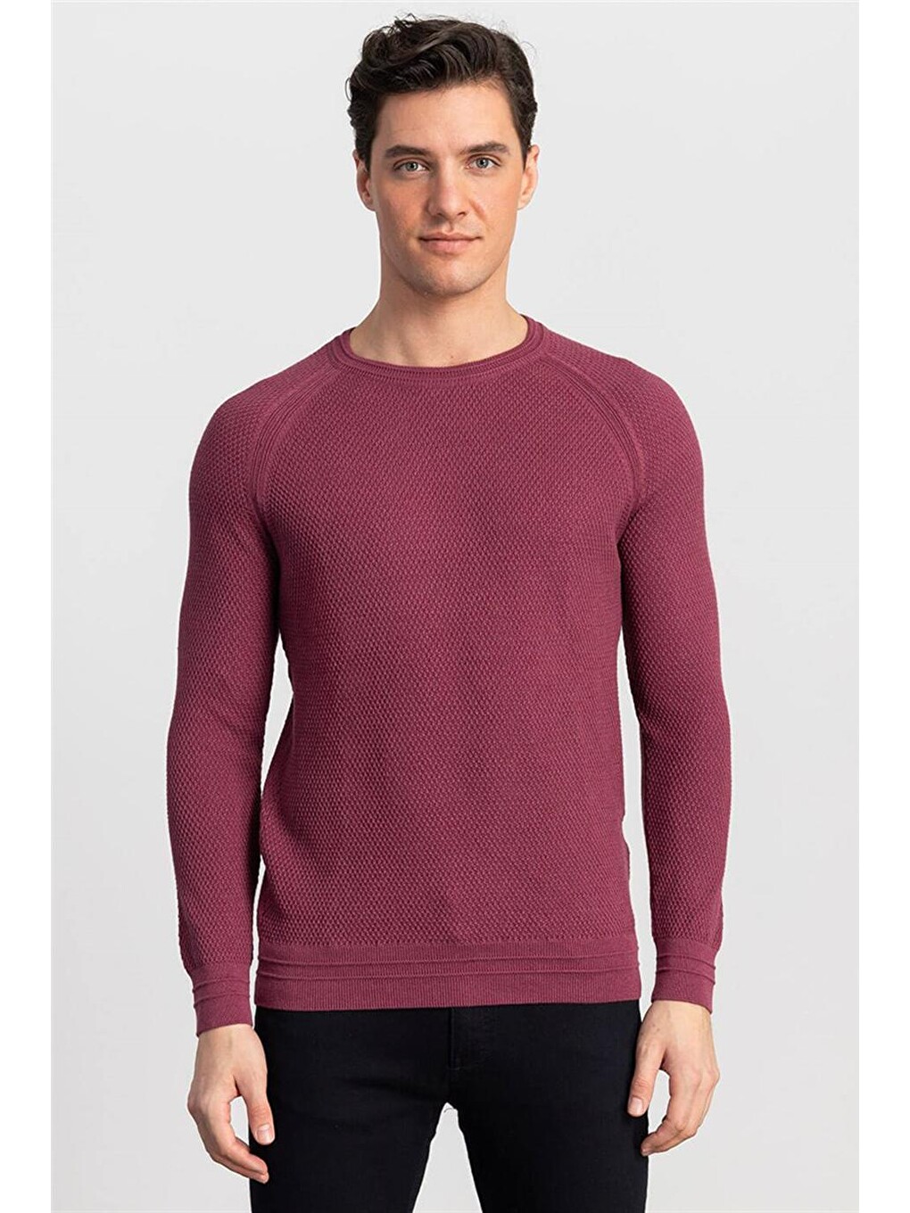 Slim Fit Bisiklet Yaka Kendinden Desenli Erkek Bordo Kazak-1