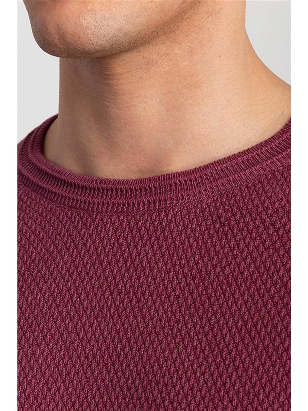 Slim Fit Bisiklet Yaka Kendinden Desenli Erkek Bordo Kazak-2