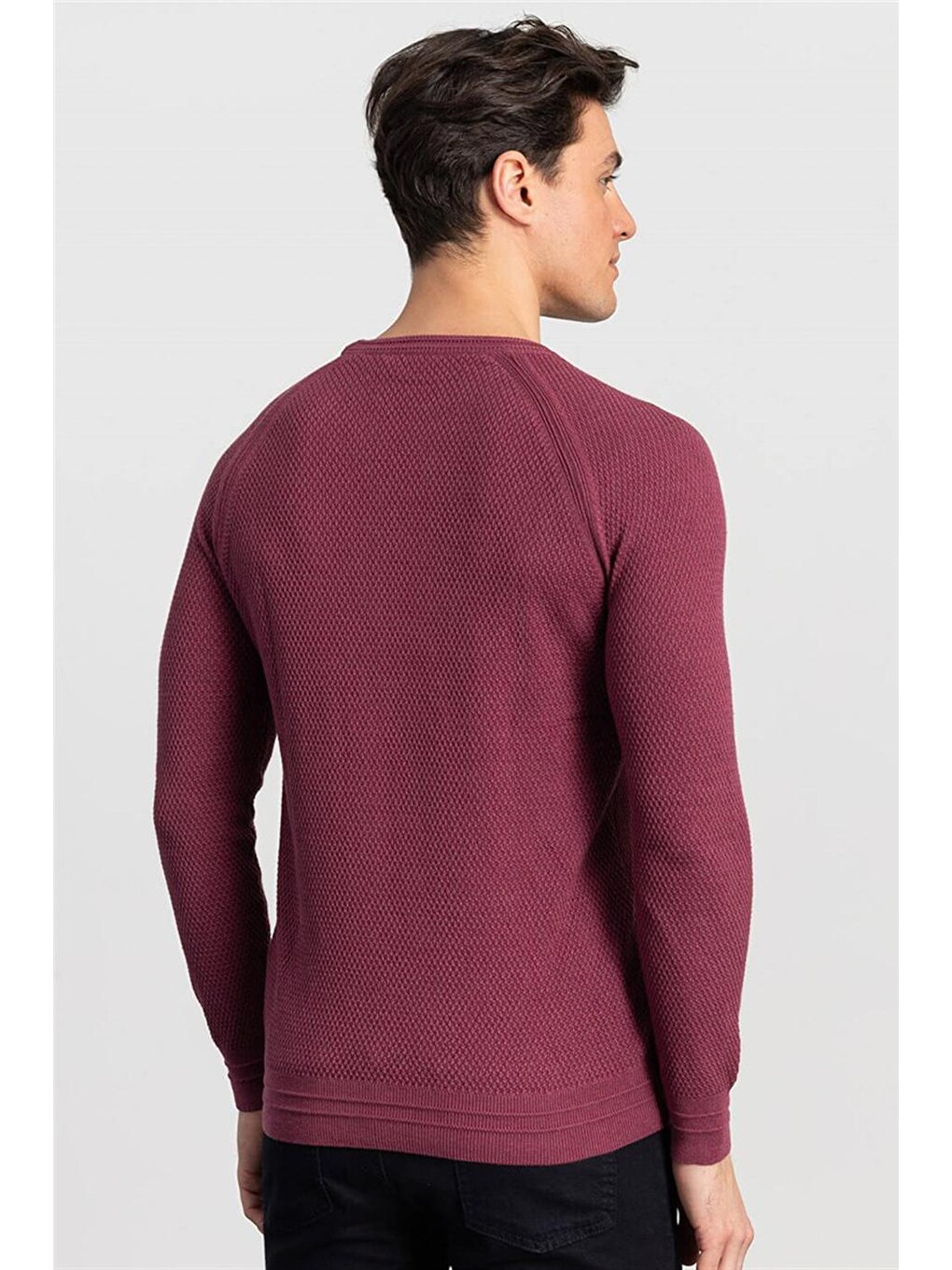 Slim Fit Bisiklet Yaka Kendinden Desenli Erkek Bordo Kazak-3