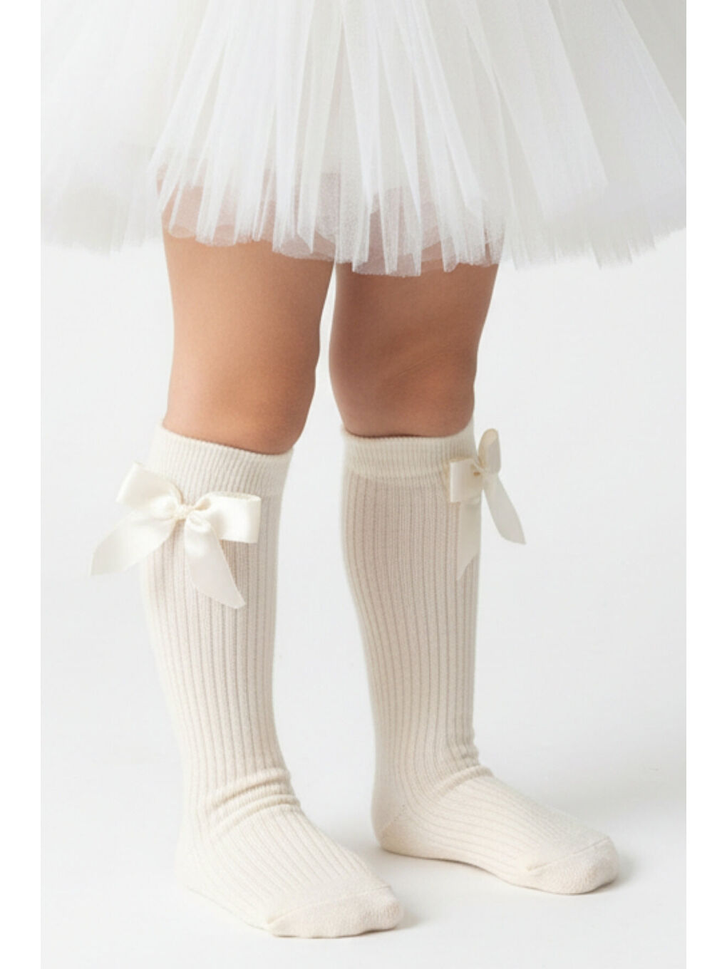 Kız Çocuk Fiyonk Detaylı Diz Altı Çorap / Ekru-1