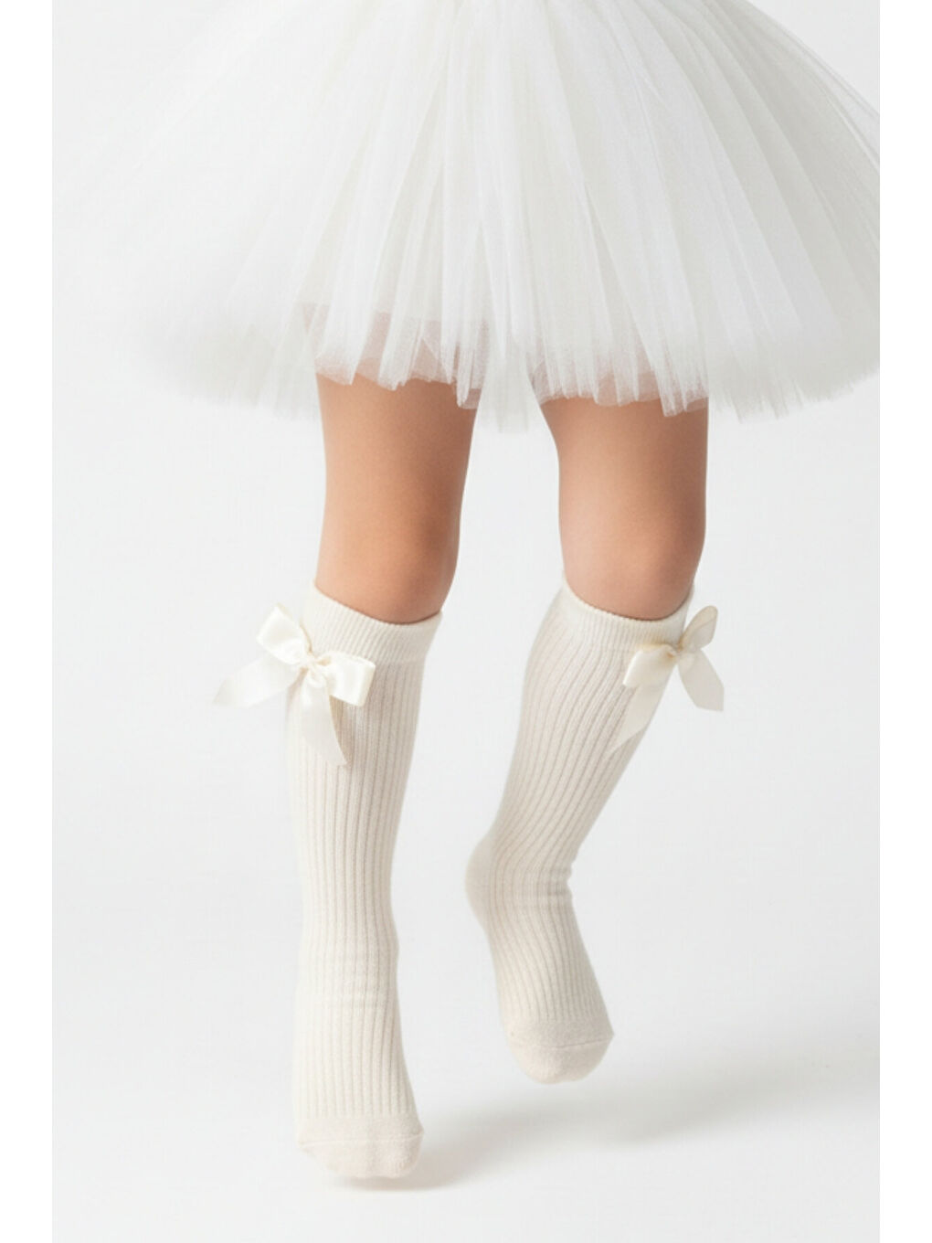 Kız Çocuk Fiyonk Detaylı Diz Altı Çorap / Ekru-2