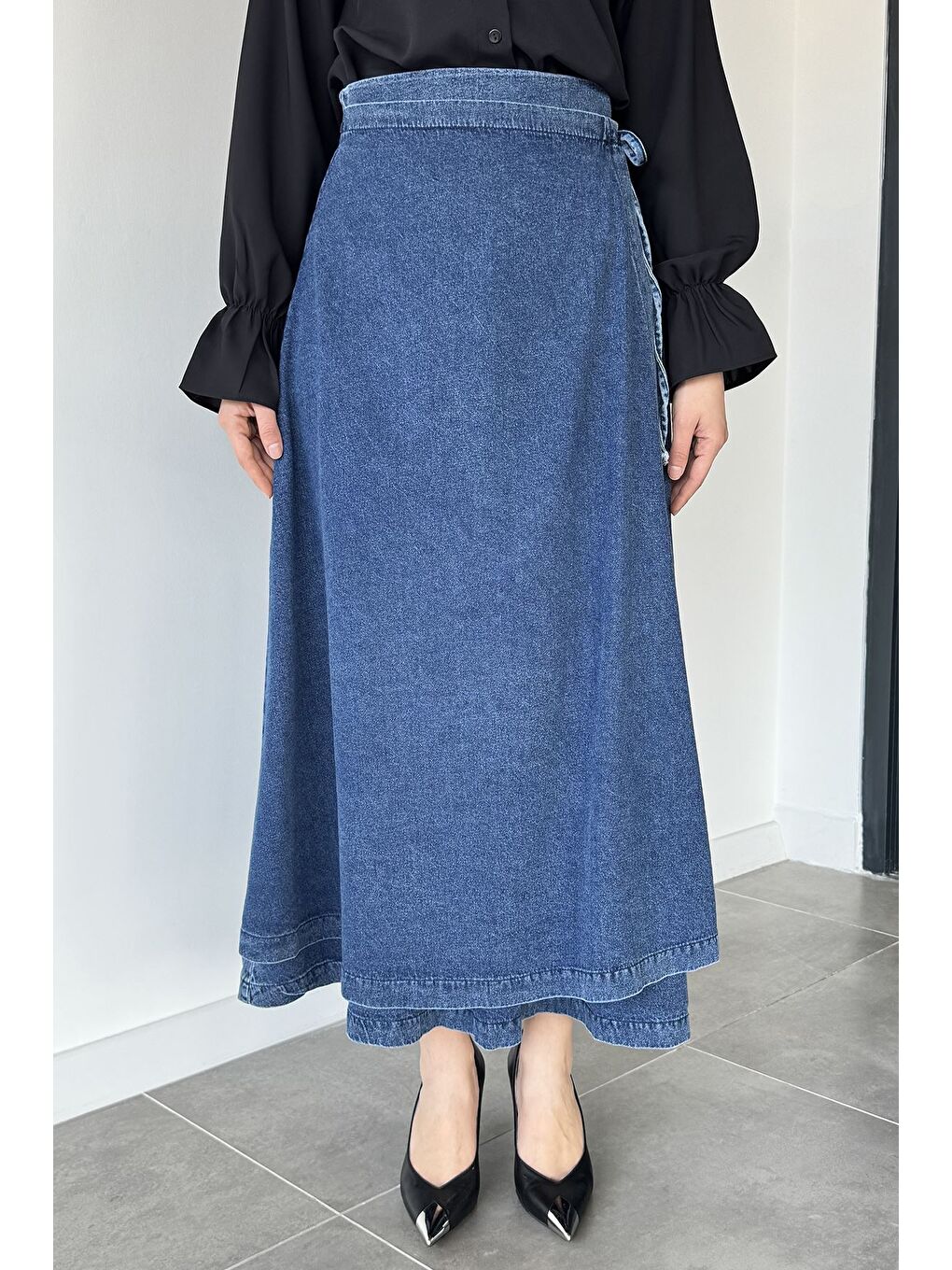 Mavi Yandan Bağlamalı Tesettür Jean Jean Etek-2