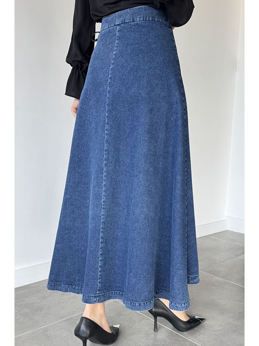 Mavi Yandan Bağlamalı Tesettür Jean Jean Etek-4