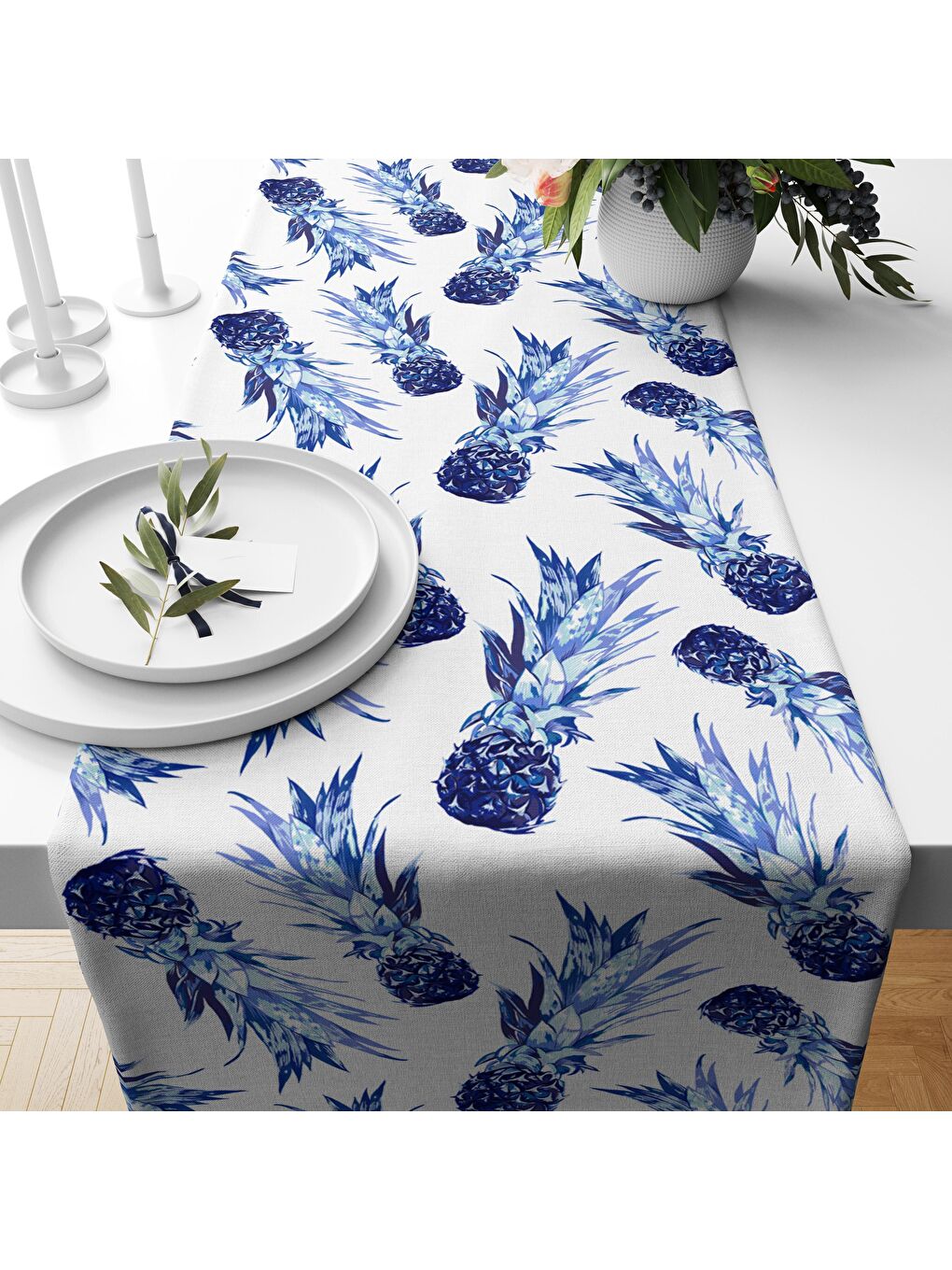 Karışık Mavi Ananas Desenli Kadife Runner Mavi 40x140 cm