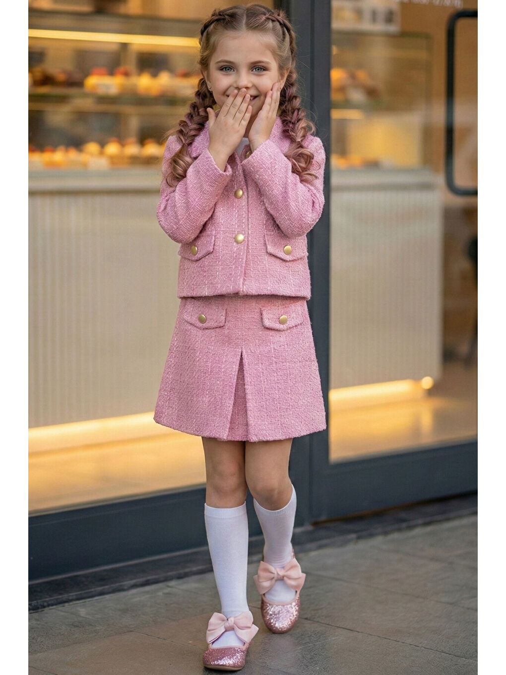 Pembe Kız Çocuk Tüvit Etek ve Ceket Takım-1