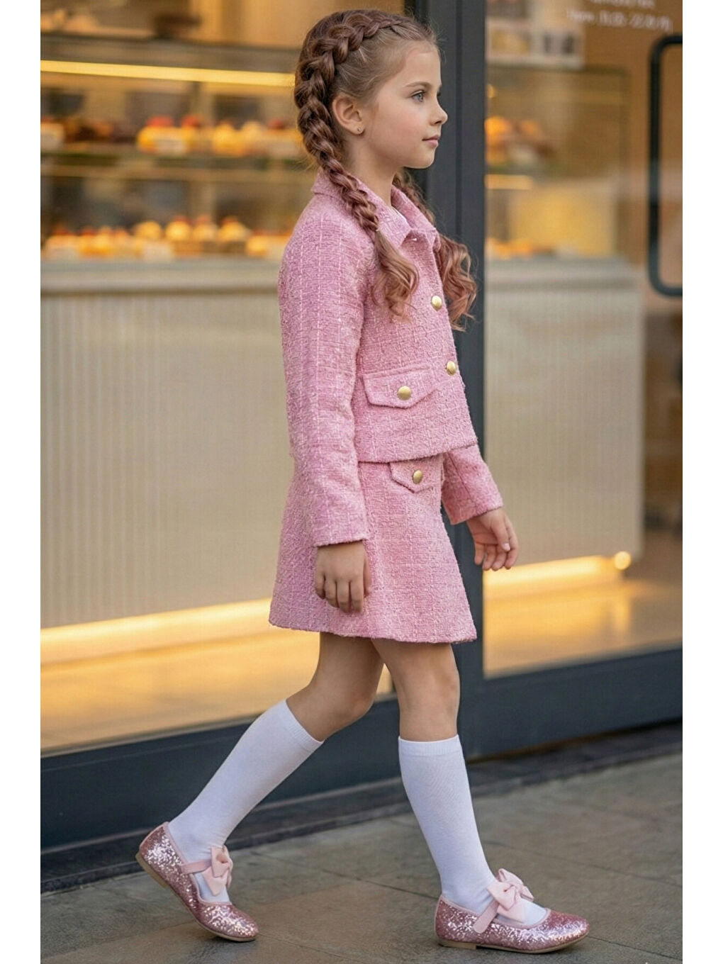 Pembe Kız Çocuk Tüvit Etek ve Ceket Takım-4