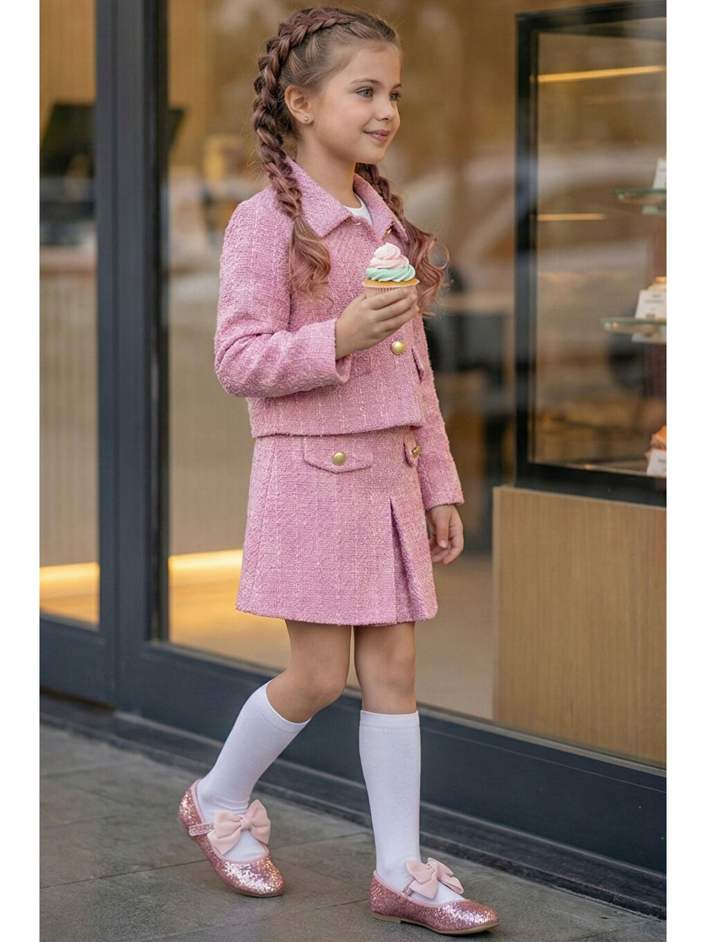Pembe Kız Çocuk Tüvit Etek ve Ceket Takım-5