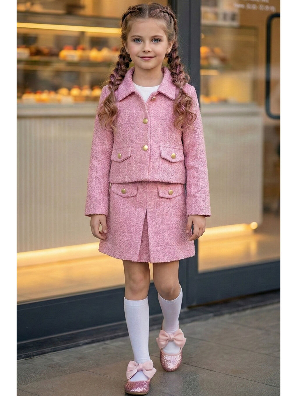 Pembe Kız Çocuk Tüvit Etek ve Ceket Takım-7