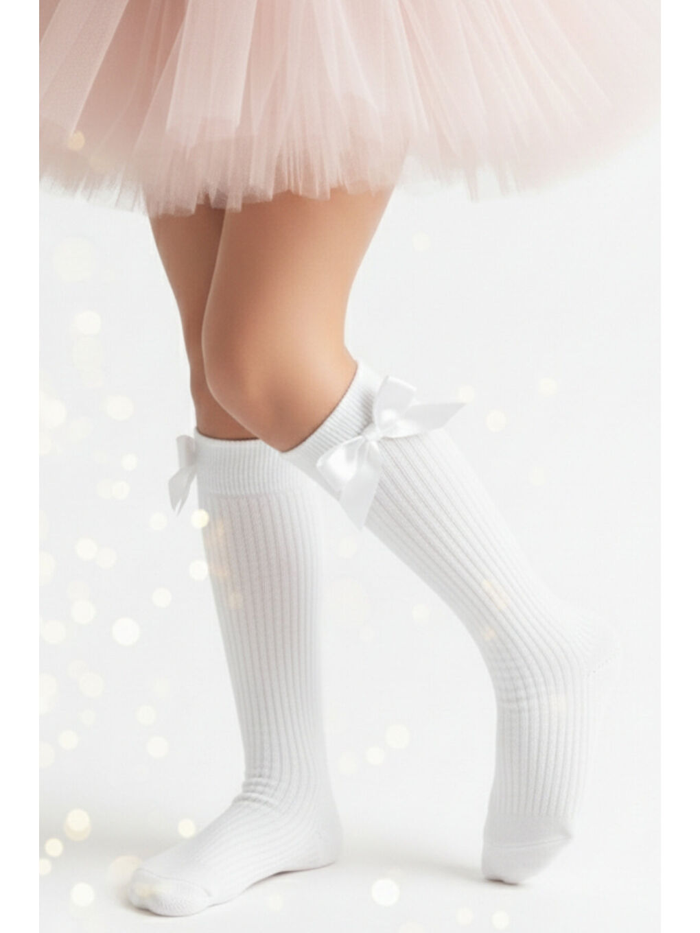 Kız Çocuk Fiyonk Detaylı Diz Altı Çorap / Beyaz-1
