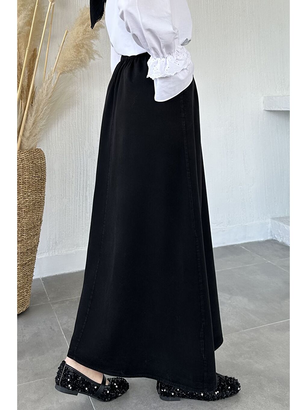 Siyah Bel Lastikli Kumaş Tesettür Etek-7