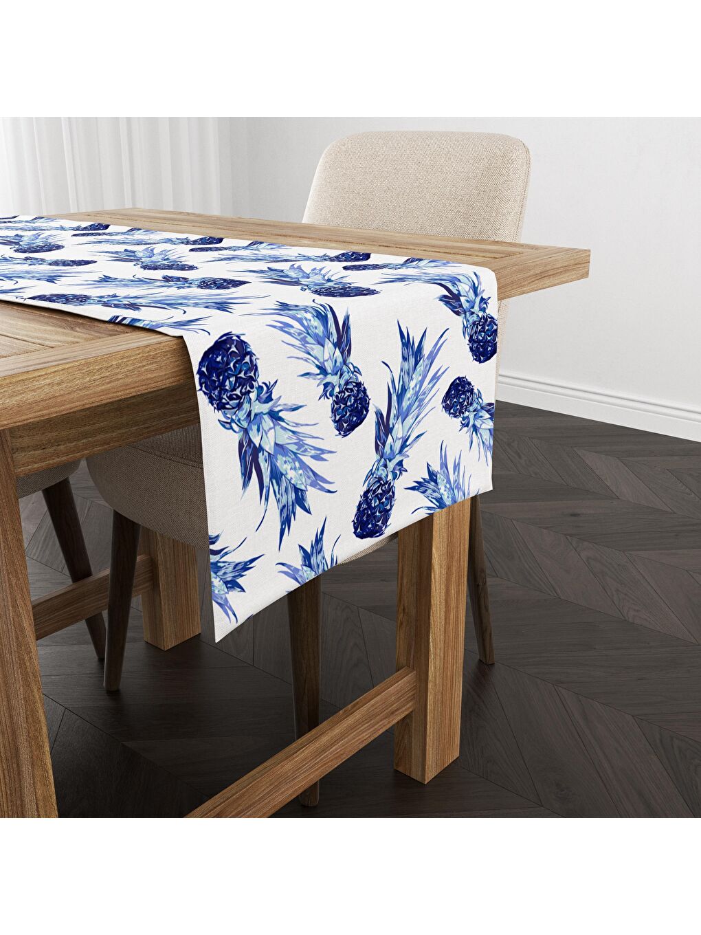 Karışık Mavi Ananas Desenli Kadife Runner Mavi 40x140 cm-1