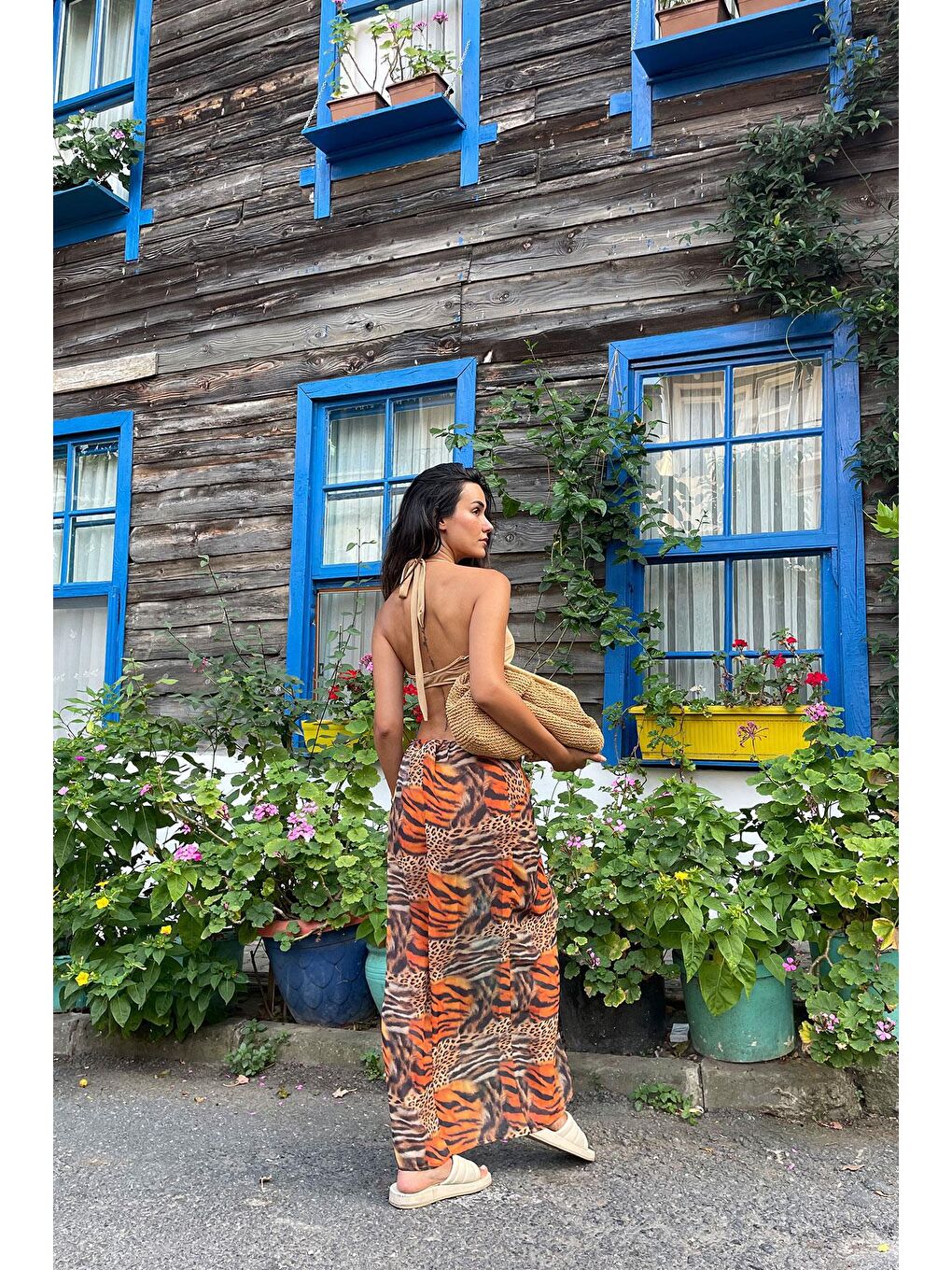 Siyah Önden Bağlama Detaylı Şifon Leopar Etek-3